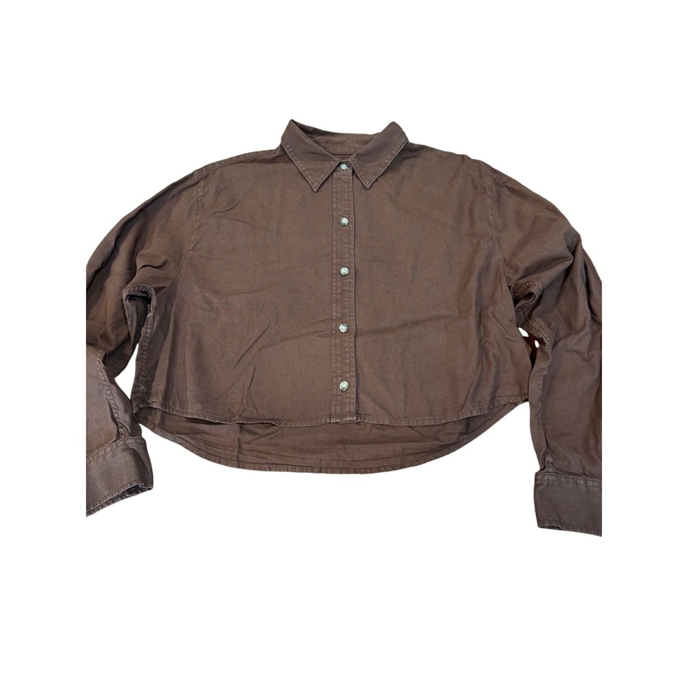 Aritzia Denim Forumโ brown cropped cotton button down shirt womens sz M Long slv